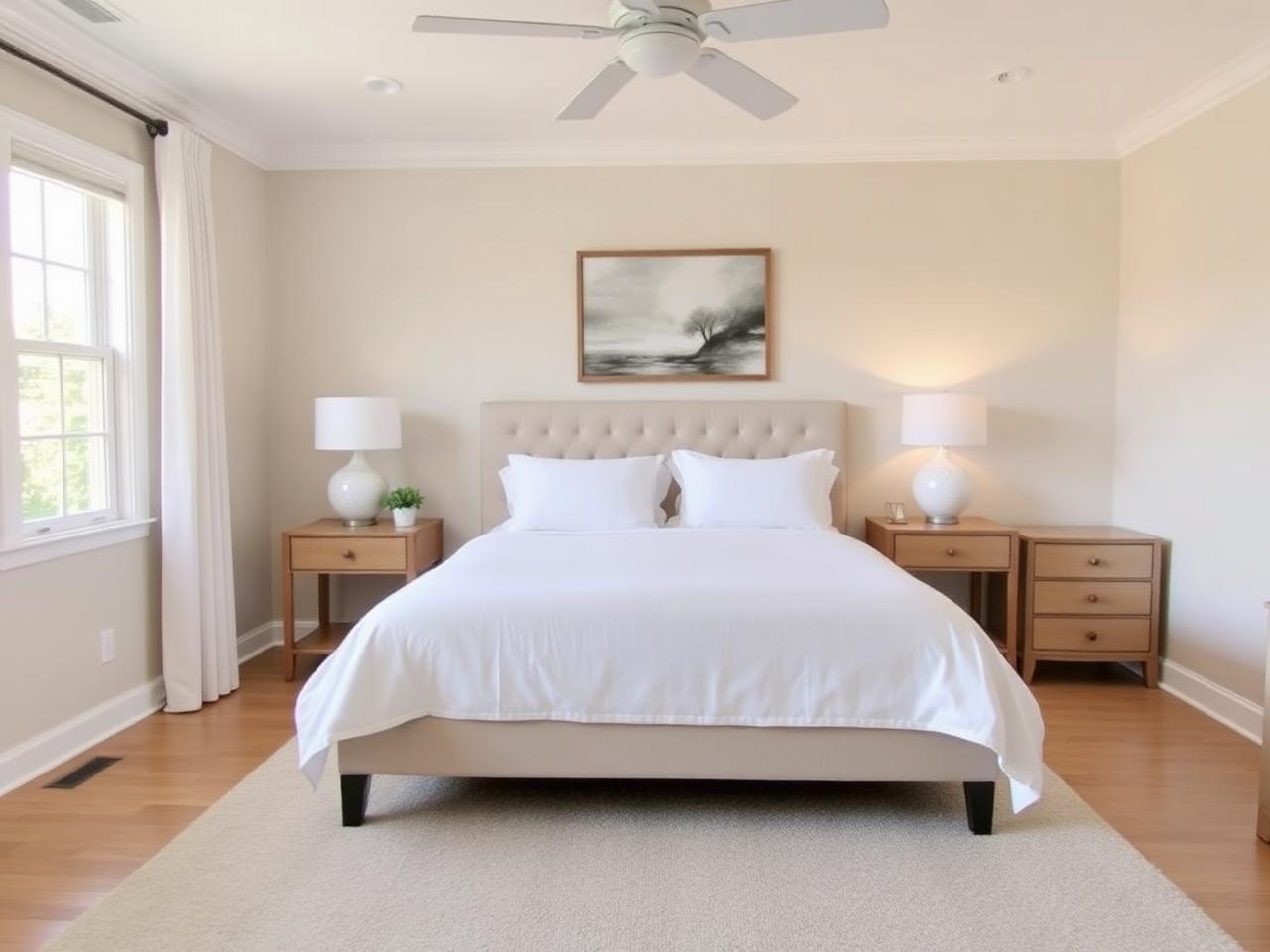 Same bedroom virtually staged with a bed, nightstands and lamps
