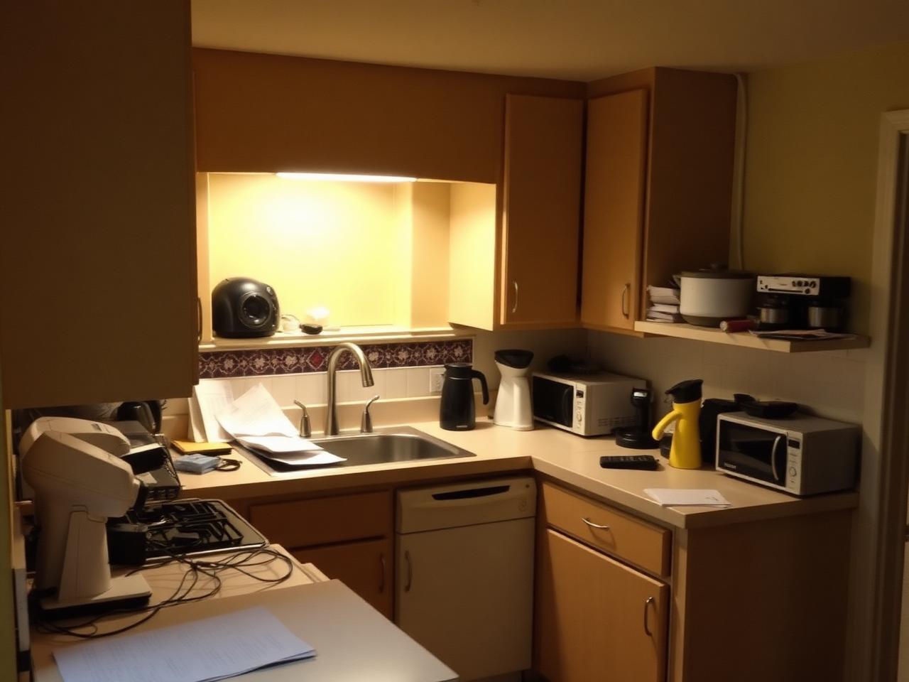Dim cluttered kitchen photo before enhancement
