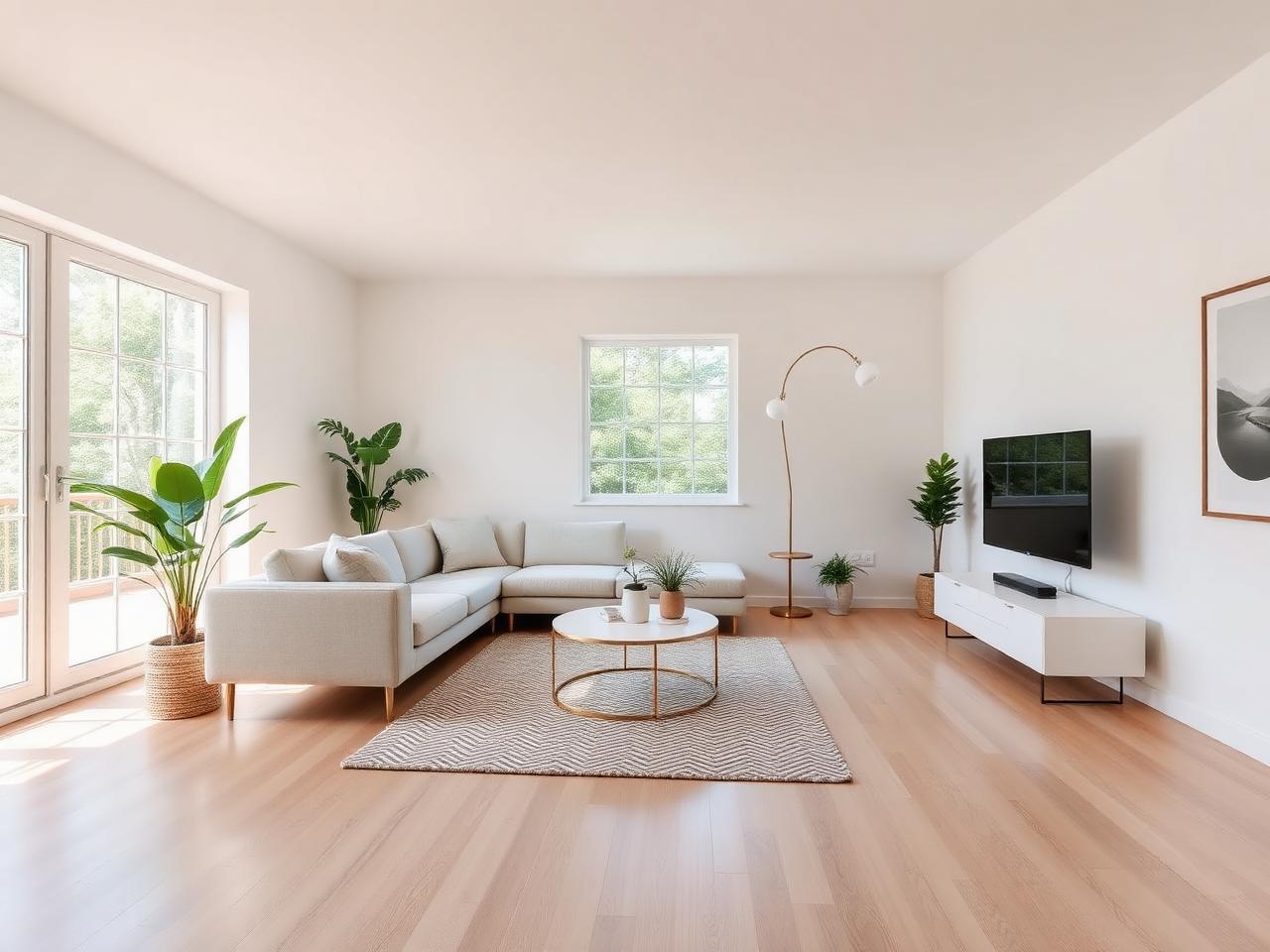 Same living room virtually staged with a sofa, rug and plants
