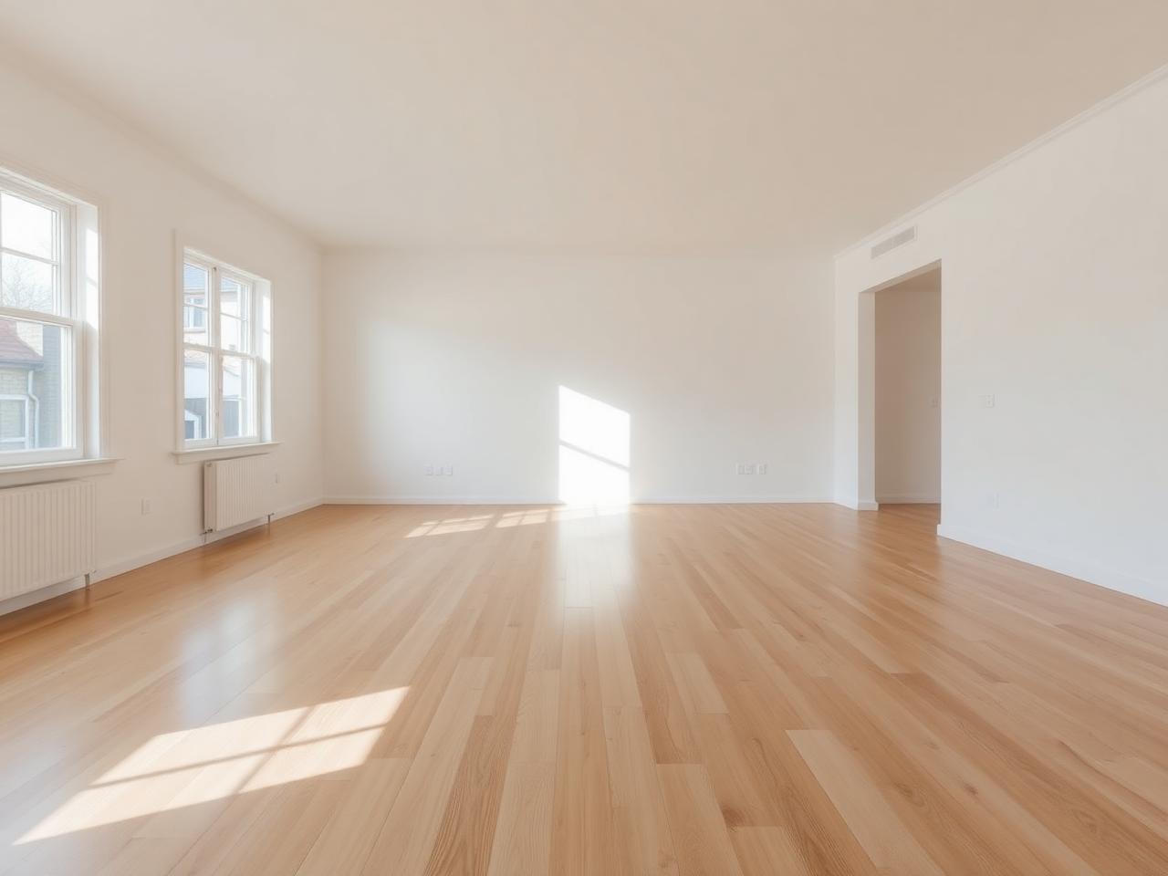 Empty living room with bare wood floors before virtual staging
