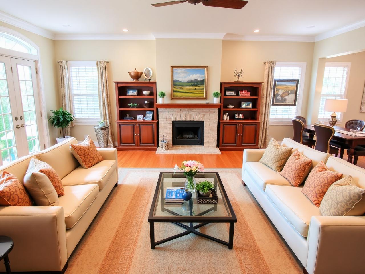 Same family room after enhancement, bright and tidy