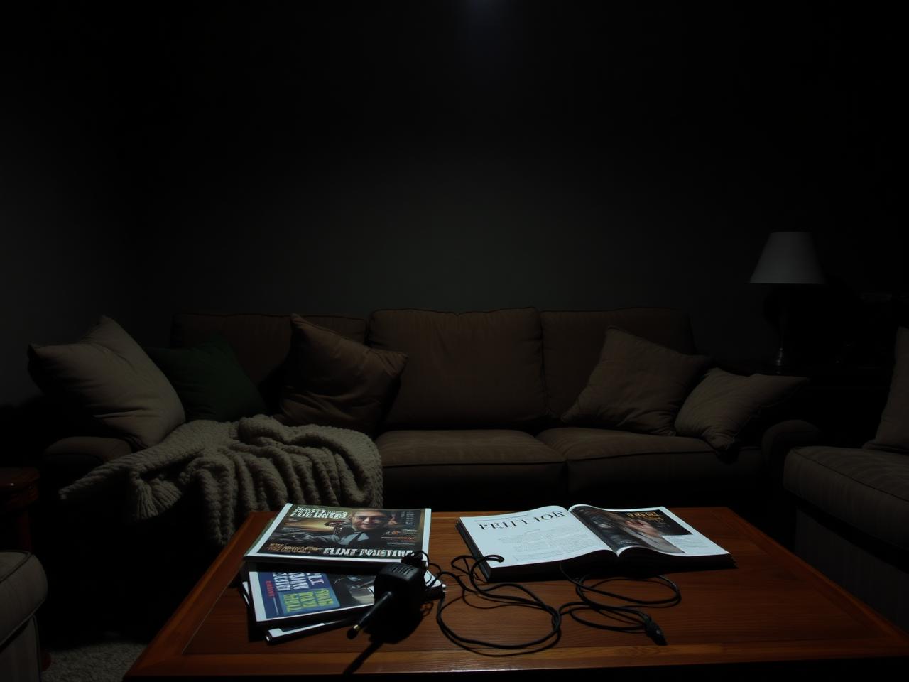 Dark family room photo with clutter before enhancement