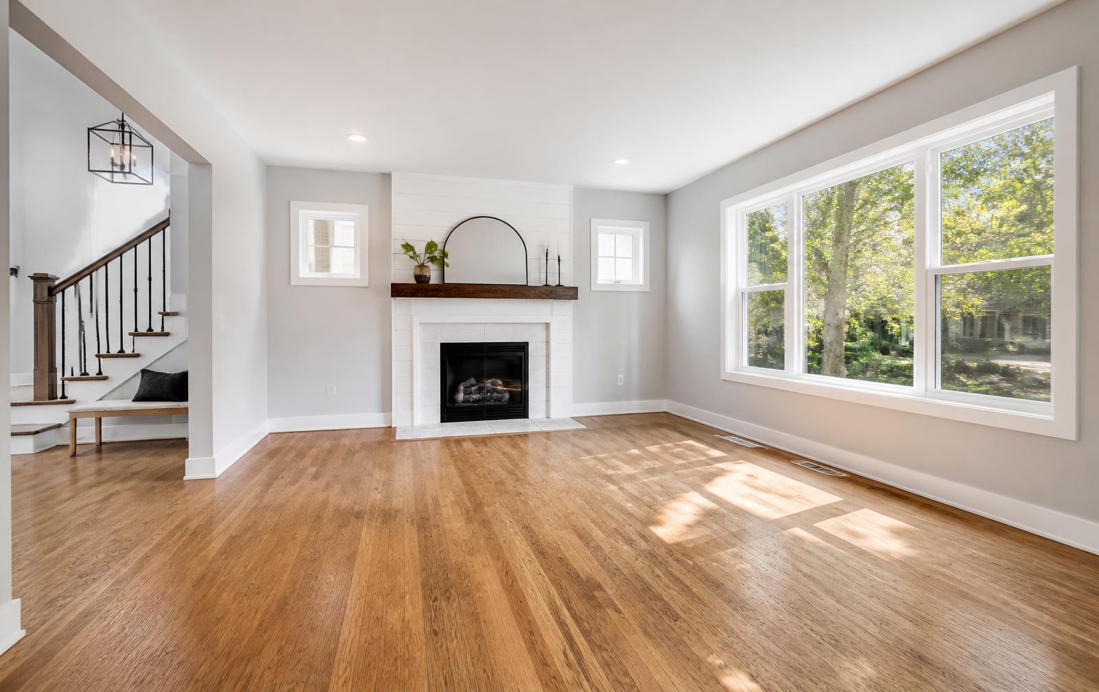 Bright empty living room photographed for a real estate listing